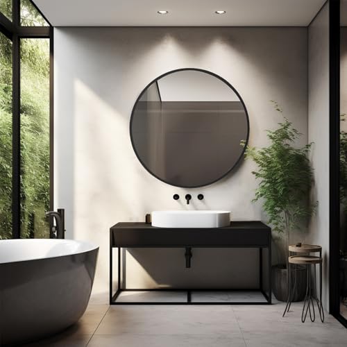 Sunniry Circle Mirror 26 inch, Black Round Mirror, Round Bathroom Mirrors Matte Metal Frame, Circle Mirrors for Living Room, Bathroom, Wall, Hallway. - color: Black, size: 26"L x 26"W