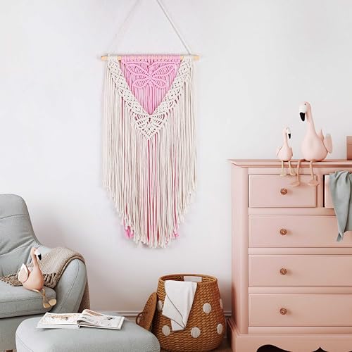 LB Macrame Wall Hanging, Pink Butterfly Tapestry Wall Hanging Decor Boho Art Wall Decor Bohemian Handmade Yarn Macrame Wall Art for Living Room Apartment Office Backdrop,13" W x 25.6" L - color: Beige Pink
