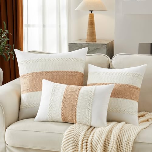 Soft Cotton Boho Throw Pillow Covers Set of 2, Natural White/Contrast Beige 16x16 Inch, Beige Farmhouse Decorative Cushion Covers for Sofa Bed Living Room Home Decor - color: Natural White/Contrast/Beige, size: 16" x 16" (Pack of 2)
