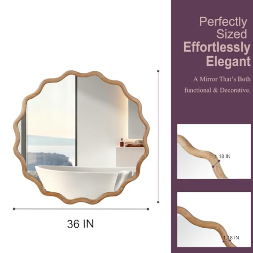 36" Wavy Round Wall Mirror with Solid Wood Frame, Country Irregular Decorative Mirror for Bathroom, Bedroom, Living Room & Entryway, HD Tempered Glass, No Distortion Vanity Mirror (Natural Wood,36“) - color: Natural, size: 36"L x 36"W
