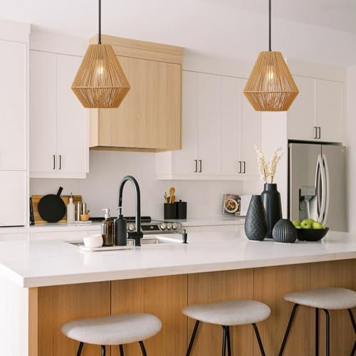 LynPon 12“ Boho Rattan Pendant Light with Rod Hanging, Black Boho Light Fixture with Hanging Lamp Shade, Farmhouse Coastal Wicker Pendant Light for Kitchen Dining Room Bedroom Hallway Foyer Bathroom - color: 12" Black and Natural