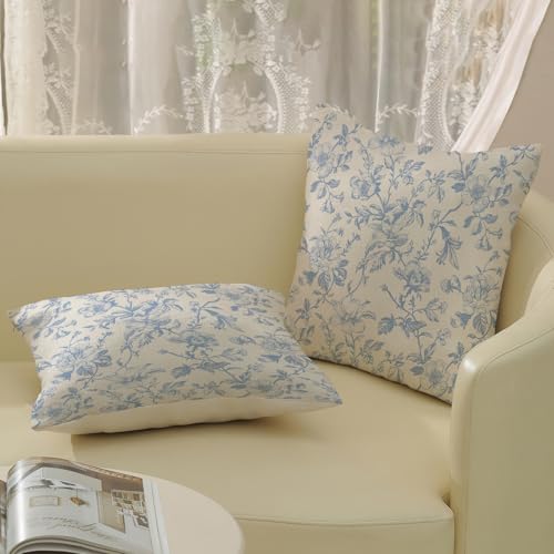 Light Blue Vintage Floral Pillow Covers 16x16 Inch 2 Pcs Blue Cream Rustic Toile Chinoiserie Flower Decor Throw Pillows Outdoor Decoration Pillowcase Linen Cushion Cover for Couch Sofa Bed - color: Light Blue Vintage Floral, size: 16" x 16" (Pack of 2)