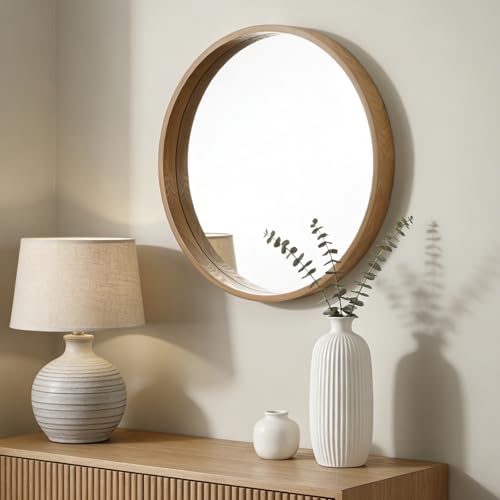 WallBeyond 24 Inch Natural Round Wood Mirror, Circle Wooden Frame Wall Mirror for Bathroom, Living Room, Bedroom, Entryway - color: Natural, size: 24"L x 24"W