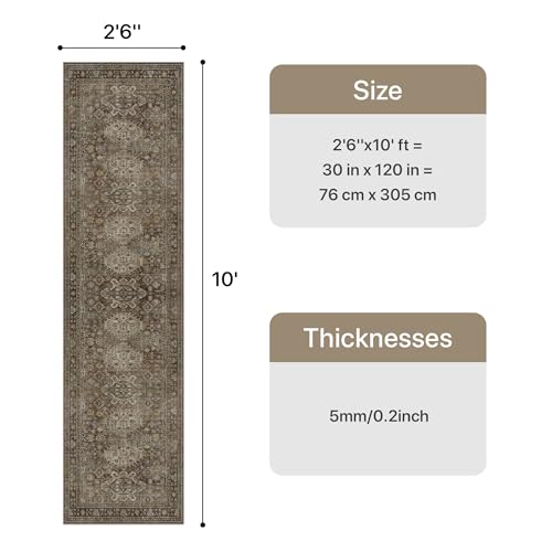 Bavni Washable Runner Rug 2’6”x10’, Non Slip Long Hallway Runner, Vintage Aesthetic Ultra Thin Low Pile Washable Carpet for Kitchen Bedroom, Brown - color: Brown, size: 2'6" x 10' (Rectangular)
