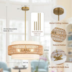19.7" Boho Rattan Chandelier, 4-Light Large Rattan Pendant Light with Fabric Shade, Boho Drum Ceiling Hanging Light Fixture for Dining Room, Living Room, Kitchen Island, Hallway, Foyer - size: 19.7" V-shaped weaving