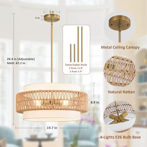 19.7" Boho Rattan Chandelier, 4-Light Large Rattan Pendant Light with Fabric Shade, Boho Drum Ceiling Hanging Light Fixture for Dining Room, Living Room, Kitchen Island, Hallway, Foyer - size: 19.7" V-shaped weaving