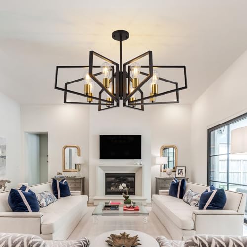 Black and Gold Chandelier, 8-Light Farmhouse Dining Room Light Fixture, Geometric Pendant Lights Kitchen Island, Modern Industrial Chandelier for Living Room, Bedroom, Foyer, Stairway, Entryway - color: 01-Black and Gold-8 Lights