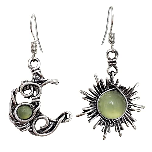 Boho Opal Sun and Moon Drop Dangle Earrings Moonstone Natural Stone Hook Bohemian for Women Girls Asymmetrical Antiqued Silver Celestial Jewelry