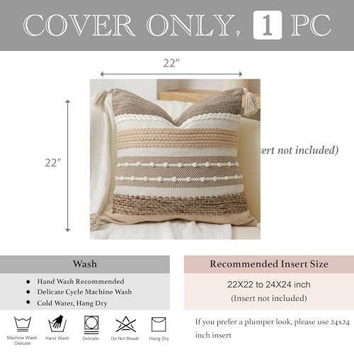 BlissBlush Boho Decorative Throw Pillow Cover 22x22 Square Brown Accent Pillowcase Tassels Farmhouse Cushion for Couch Sofa Bedroom Livingroom Home Décor Cover ONLY (Pack of 1) - color: Brown, size: 22" x 22" (Pack of 1)