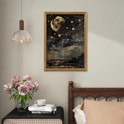 ICHZUMW Moon and Stars Celestial Canvas Wall Art, Mystical Moody Night Sky Poster Prints, Vintage Witchy Dark Academia Wall Decor, Framed Eclectic Gothic Home Decor for Desk Bedroom Bathroom, 16x24in - color: Moonlit Stars, size: 24"L x 16"W