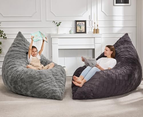 Hobestluk 3 in 1 Bean Bag Chair Giant Bean Bag Chairs for Adults with Plaid Cover Convertible Bean Bag Floor Cushion with Machine Washable Cover for Living Room (Plaid Dark Grey) - color: Jet Grey
