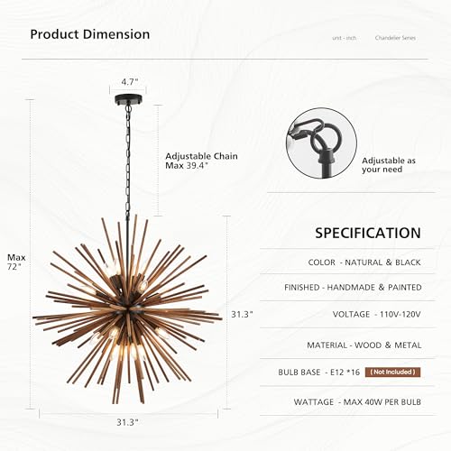31.3" Farmhouse Sputnik Chandelier for Dining Room Rustic Handmade Natural Wood 16-Light Hanging Ceiling Pendant Light Fixture Starburst Wood Chandeliers for Kitchen Bedroom Foyer Hallway - size: Diameter 31.3", 16-Light
