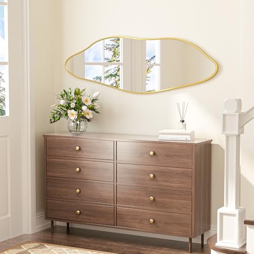 Keonjinn Gold Irregular Mirrors for Wall 60" x 20" Inch, Asymmetrical Metal Frame, Tempered Glass Decorative Mirror for Bathroom, Bedroom, Living Room, Entryway(Horizontal/Vertical) - color: Gold, size: 20"L x 60"W