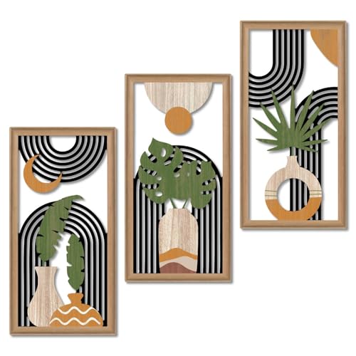 Putuo Decor Boho Abstract Wall Art Set of 3, Modern Minimalist Wooden Wall Decor, Geometric Aesthetic Botanical Artwork, Mid-Century Modern Design for Living Room, Bedroom, Office, Black 16.5 x 8.6 - color: Black