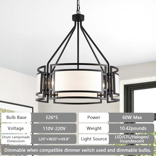 20'' Black Drum Chandeliers, 5Lights Black and White Drum Chandelier Modern Industrial Pendant Light Fixture, Adjustable Fabric Chandelier for Dining Room Kitchen Island Living Room Foyer E26 - color: 20InchBlack
