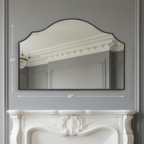 Besdomus Large Scalloped Black Mirror: 47"x31" Modern Minimalist Wood Frame Wall Mirror - Decorative Arched Fireplace for Bedroom/Bathroom/Dresser/Entryway/Mantle/Living Room - Stylish Home Decor - color: Black, size: 31"L x 47"W