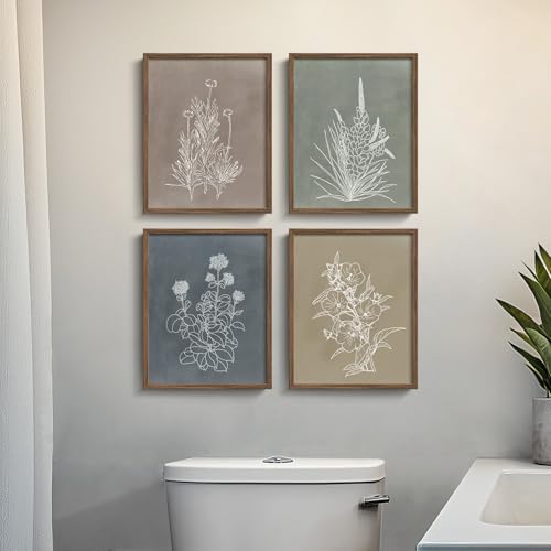Framed Boho Botanical Wall Art for Bathroom, 4 Piece Rustic Floral Canvas Painting Prints Artwork, Vintage Neutral Flower Pictures for Farmhouse Bedroom Dining Room Kitchen Office Wall Decor, 8x10 In - color: Simple - Walnut Framed, size: 8" W x 10" H x 4