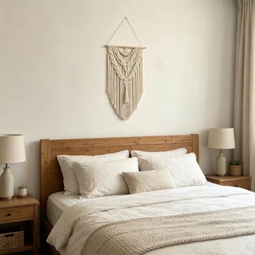 Macrame Wall Hanging Boho Geometric Woven Tapestry Cotton Handmade Bohemian Art Decor with Wood Bead Wall Decor for Bedroom Living Room Apartment Nursery 31.5" L x 17" W (Wood Bead-Y) - color: Wood bead-Y