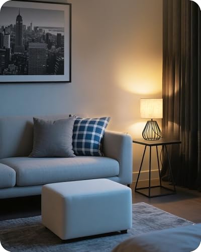 Small Bedside Table Lamp, Black Table Lamp with Metal Cage & Linen Lampshade, Modern Cute Desk Lamp, Cozy Nightstand Lamp for Bedroom, Living Room, Office, 2700K LED Bulb Included, E06TL05 - color: Beige + Black