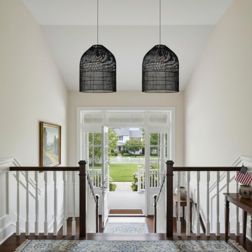 Arturesthome 1 Light Wicker Bell Pendant Lamp, Design Basket Rattan Woven Pendant Light Shades, Handmade Hanging Ceiling Lights Crafts Lampshade Black - size: Black W 16.5" x H20.8"