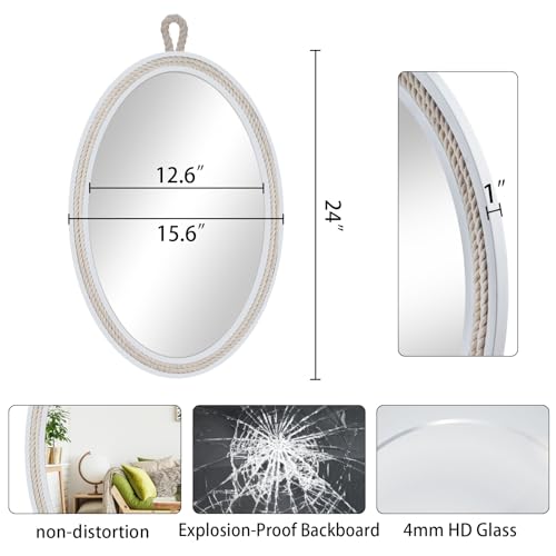 Oval Mirrors for Wall Decor Small White Nautical Rope Mirror Hanging Decorative Beach Coastal Mirror,24''Lx16''W,Oval - size: 23.4"L x 15.6"W