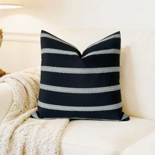 Slow Cow Decorative Textured Woven Stripe Throw Pillow Cover Modern Country Design Cushion Cover Pillow Cover 18 x18 Inches Black Mixed Off White - color: Stripe-black, size: 18" x 18" (Pack of 1)