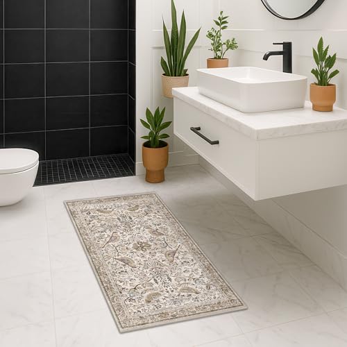 Hazo Haus Boho Moss 2x5 Laundry Room Rug - Floral & Bird Runner Rug for Kitchen Floor, Hallway, Bedroom, Entrance, Taupe Green Neutral Vintage Decor, Washable Non Slip Low Pile - color: Moss Green, size: 2' x 5' (Runner)