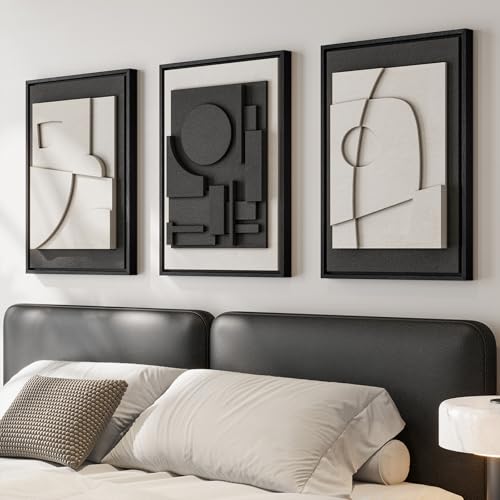 3D Textured Framed Black and White Abstract Wall Art for Bedroom, 3 Piece Modern Paintings Artwork for Walls, Minimalist Black White Geometric Pictures for Living Room, Dining Room Wall Decor 16x24 In - color: Black and White, size: 16"w X 24"h X 3pcs
