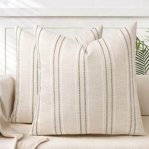 AELS 26x26 Decorative Farmhouse Linen Blend Throw Pillow Covers, Boho Textured Pillow Case, Set of 2, Beige with White & Brown Stitch Yarn Dyed Stripe Cushion Cover for Sofa Living Room (Cover ONLY) - color: Beige With White & Brown, size: 26" x 26" (Pack