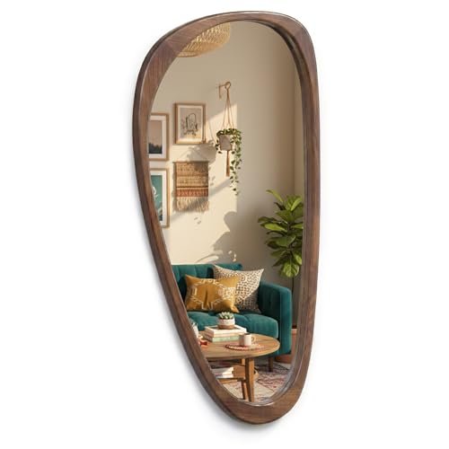 Solid Wood 48"x24" Large Full Length Irregular Mirror, Aesthetic Mid-Century Modern Statement Wall-Mounted Mirror, Modern Organic Asymmetrical Wooden Mirror, Dark Walnut - color: Dark Walnut, size: 48"L x 24"W
