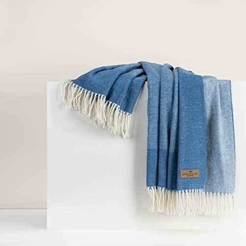 Lands Downunder All-Season, Luxury Azure Border Herringbone Throw – Soft Woven Throw with Decorative Fringe – Made in Italy – 51”W x 67”L - Perfect for Gifting - color: Azure