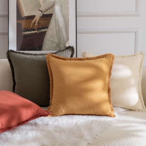 MANDIOO Set of 2 Neutral Cotton Fringe Throw Pillow Covers Decorative Boho Farmhouse Cushion Covers Cozy Tassels Pillowcase for Couch Sofa Bedroom Living Room Home Decor 18x18 Inch Olive Green - color: Olive Green, size: 18" x 18" (Pack of 2)