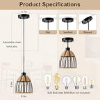 OCIOC Mini Hemp Rope Woven Pendant Light, Boho Chanderlier Light Fixture, 6.9 Inch Farmhouse Rattan Adjustable Height Hanging lamp for Kitchen Island Bedroom, Dining Room, Living Room, Entryway, Foyer - size: 5.5