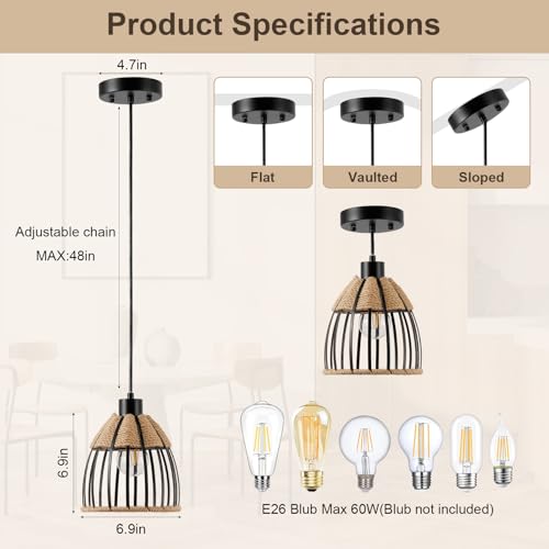 OCIOC Mini Hemp Rope Woven Pendant Light, Boho Chanderlier Light Fixture, 6.9 Inch Farmhouse Rattan Adjustable Height Hanging lamp for Kitchen Island Bedroom, Dining Room, Living Room, Entryway, Foyer - size: 5.5