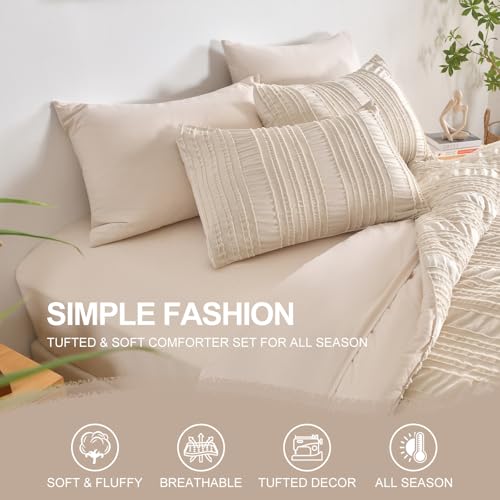 DHSFKBE Beige Tufted Comforter Set King Size 7 Piece Bed in a Bag，Shabby Chic Boho Bedding for Bedroom Comforter，All Season Soft Microfiber Ruffle Comforter Set with Pillow and Sheets - color: Beige, size: King