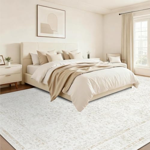 10x14 Area Rugs for Living Room: Washable Large Vintage Floral Rug Low Pile Non-Slip Boho Carpet for Bedroom Home Office Dining Room (FloralBeige, 10'x14') - color: Floral Beige, size: 10' x 14' (Rectangular)