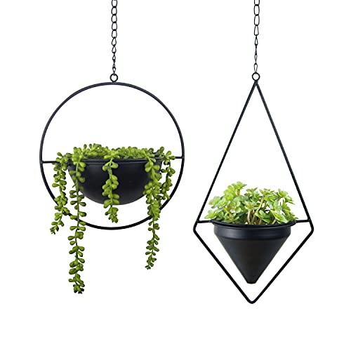 Metal Hanging Planters Set of 2 Modern Indoor Plant Hanger with Round and Diamond Pots, Geometric Small Wall and Ceiling Hanging Plant Holders for Succulents and Herbs, Black Finish - size: CIRCLE+DIAMOND