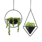 Metal Hanging Planters Set of 2 Modern Indoor Plant Hanger with Round and Diamond Pots, Geometric Small Wall and Ceiling Hanging Plant Holders for Succulents and Herbs, Black Finish - size: CIRCLE+DIAMOND