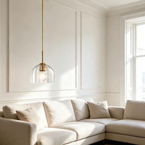 Modern Pendant Light Kitchen Island, Nordic Boho Dome Chandelier, 7.86" Bell Lamp Shape Hanging Ceiling Lighting Fixture with Clear Striped Glass Lampshade Dining Room - color: Clear, size: 20CM