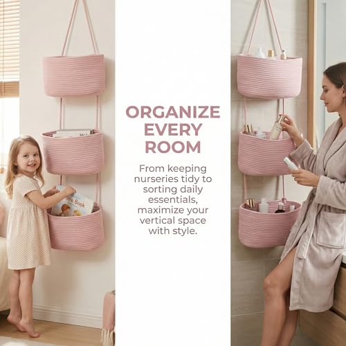 Pink 3-Tier Woven Cotton Rope Hanging Basket, Over the Door Organizer, Adjustable Detachable Wall Basket with Metal & Adhesive Hooks, No Drilling for Girls Room, Bedroom & Dresser Storage - style: Pink