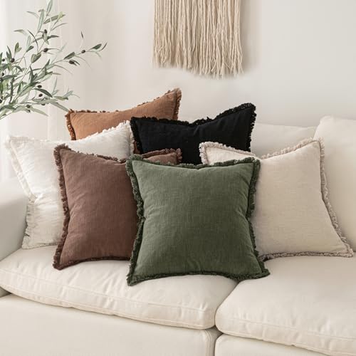 MIULEE Decorative Throw Pillow Covers Neutral Linen Fringe Throw Pillows Set of 2 Dark Coffee Boho Farmhouse Cushion Covers with Tassels for Couch Sofa Bed Living Room Spring Home Decor 18x18 Inch - color: Dark Coffee, size: 18" x 18" (Pack of 2)