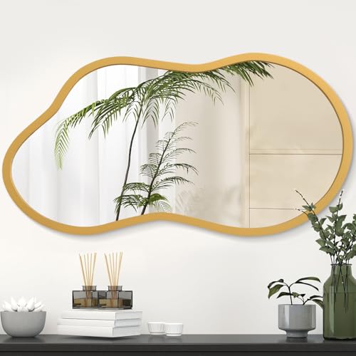 AAZZKANG Large Wall Mirror with Wood Framed 22"x12" Gold Irregular Hanging Mirrors Asymmetrical for Bathroom Bedroom Living Room Entryway - color: Gold, size: 22"L x 12"W