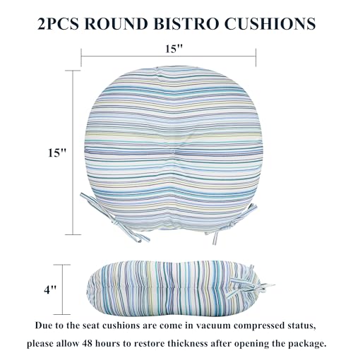 FUNHOME 15"x15"x4" Bistro Chair Cushion Set of 2, Water Repellent Round Outdoor Chair Cushions with Ties, Patio Tufted Chair Pads for Home Garden (Blue Stripe) - color: Blue Stripe