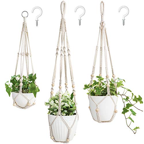 Mkono 3 Pack Macrame Plant Hangers Indoor Different Size Hanging Planter Basket Flower Pot Holder with Beads No Tassels 35"/29"/23", Medium, Ivory - color: Ivory, size: Medium