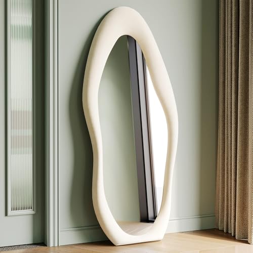 Honyee Full Length Mirror, 63" x 24" Wall Mirror, Flannel Wrapped Wooden Frame Full Body Mirror, Irregular Wavy Mirror Hanging or Leaning Against Wall for Cloakroom/Bedroom/Living Room, Ivory White - color: Ivory White, size: 63"L x 24"W