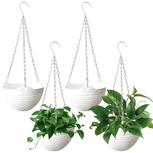 Srmayyi 4 Pack 8 inch Plastic Self Watering Hanging Planters,Round Hanging Basket Planter with Drainer and Metal Chain,White Garden Flower Plant Pot Container for Indoor Outdoor Plants - size: 4 pcs white