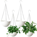 Srmayyi 4 Pack 8 inch Plastic Self Watering Hanging Planters,Round Hanging Basket Planter with Drainer and Metal Chain,White Garden Flower Plant Pot Container for Indoor Outdoor Plants - size: 4 pcs white
