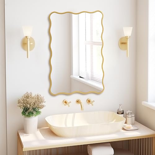 Gold Wavy Bathroom Mirror 20x30 Rectangle Scalloped Farmhous Mirror Modern Wood Farme Mirror Wall Decor for Bathroom Entryway Living Room Bedroom Hallway - color: Gold, size: 30"L x 20"W