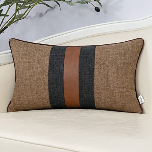 Yangest Patchwork Pillow Cover 12x20 Inch Luxury Cotton and Linen Cushion Cover Faux Leather Pillowcover for Couch Bedroom Living Room, Brown - color: L-coffee Brown, size: 20" x 12" (Pack of 1)