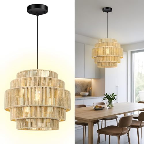 BoostArea Boho Rattan Chandelier Light,5-Tier Hand Woven Lampshade Ceiling Pendant Light Fixture,13'' Farmhouse Chandelier Hanging Light for Living Room,Kitchen Island,Bedroom,Adjustable Cord,Beige - color: Beige-1
